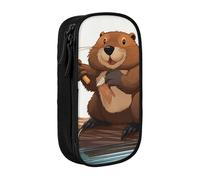 ULKMFFCF Beaver Working Printed Cute Pencil Case Pen Bag,Black - Large Capacity Students Stationery Pouch Pencil Box for School Office Travel Makeup