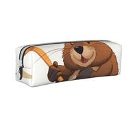 ULKMFFCF Beaver Working Printed Leather Pencil Case - Cute Zip Pouch for School, Office, Travel and Makeup