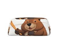 ULKMFFCF Beaver Working Printed Leather Pencil Case for Students Girls Boys - Cute Gold Zip Pen Pencil Pouch Office School Adult Stationary Organiser Makeup Bag