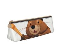 ULKMFFCF Beaver Working Printed Triangle Pencil Case - Cute Leather Zip Pouch for School, Office, Travel and Makeup