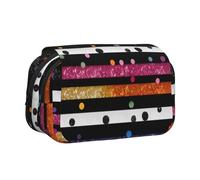 ULKMFFCF Black White Glitter Rainbow Polka Dot Stripe Print Double Layer Pencil Case Flip Pen Pouch Organizer for Students, School Supplies, Travel Organizer