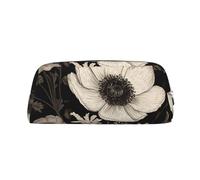 ULKMFFCF Blooming Flowers Black Printed Leather Pencil Case for Students Girls Boys - Cute Silver Zip Pen Pencil Pouch Office School Adult Stationary Organiser Makeup Bag