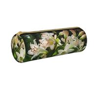 ULKMFFCF Blossoming Lilies Printed Round Pencil Case - Cute Leather Zip Pouch for School, Office, Travel and Makeup