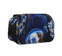 ULKMFFCF Blue and Gold Jellyfish Print Double Layer Pencil Case Flip Pen Pouch Organizer for Students, School Supplies, Travel Organizer