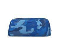 ULKMFFCF Blue Camouflage Printed Leather Pencil Case for Students Girls Boys - Cute Silver Zip Pen Pencil Pouch Office School Adult Stationary Organiser Makeup Bag