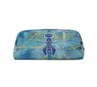 ULKMFFCF Blue Dragonfly Printed Leather Pencil Case for Students Girls Boys - Cute Silver Zip Pen Pencil Pouch Office School Adult Stationary Organiser Makeup Bag