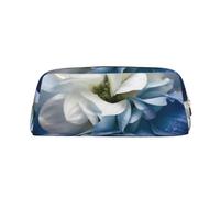 ULKMFFCF Blue White Flower Printed Leather Pencil Case for Students Girls Boys - Cute Gold Zip Pen Pencil Pouch Office School Adult Stationary Organiser Makeup Bag