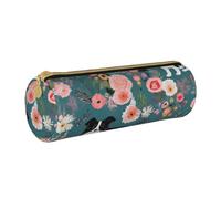 ULKMFFCF Border Collie Florals Printed Round Pencil Case - Cute Leather Zip Pouch for School, Office, Travel and Makeup