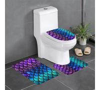 ULKMFFCF Colorful Fish Mermaid Scales Printed Non-Slip Bath Mat Set 3 Pieces, Flannel Absorbent Bathroom Mat Carpet and U-Shaped Contour Rug and Toilet Lid Cover Mat