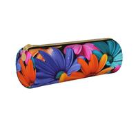 ULKMFFCF Colorful Flowers Printed Round Pencil Case - Cute Leather Zip Pouch for School, Office, Travel and Makeup