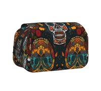 ULKMFFCF Colorful Sugar Skulls Print Double Layer Pencil Case Flip Pen Pouch Organizer for Students, School Supplies, Travel Organizer