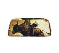 ULKMFFCF Cool Bull Riding Printed Leather Pencil Case for Students Girls Boys - Cute Gold Zip Pen Pencil Pouch Office School Adult Stationary Organiser Makeup Bag