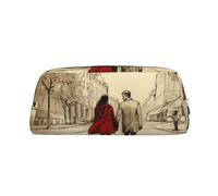 ULKMFFCF Couple in Love Walking Printed Leather Pencil Case for Students Girls Boys - Cute Silver Zip Pen Pencil Pouch Office School Adult Stationary Organiser Makeup Bag