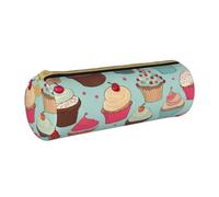 ULKMFFCF Cupcake Pattern Printed Round Pencil Case - Cute Leather Zip Pouch for School, Office, Travel and Makeup