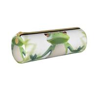 ULKMFFCF Cute Funny Frog Doing Yoga Printed Round Pencil Case - Cute Leather Zip Pouch for School, Office, Travel and Makeup