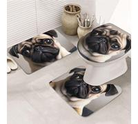 ULKMFFCF Cute Pet Pug Printed Non-Slip Bathroom Mat Set 3 Pieces - Bath Rug + Contour Mat + Toilet Seat Cover, Super Absorbent Flannel Bathroom Rugs Floor Mat