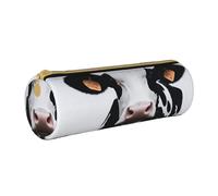 ULKMFFCF Dairy Cow Printed Round Pencil Case - Cute Leather Zip Pouch for School, Office, Travel and Makeup