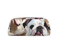 ULKMFFCF English Bulldogs Printed Leather Pencil Case for Students Girls Boys - Cute Silver Zip Pen Pencil Pouch Office School Adult Stationary Organiser Makeup Bag
