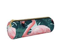 ULKMFFCF Flamingo Bird Green Leaf Printed Round Pencil Case - Cute Leather Zip Pouch for School, Office, Travel and Makeup