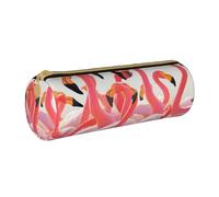 ULKMFFCF Flamingos Partying Printed Round Pencil Case - Cute Leather Zip Pouch for School, Office, Travel and Makeup