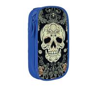 ULKMFFCF Flowers Skull Ornamental Pattern Printed Students Pencil Case Pen Bag,Blue - Large Capacity Stationery Pouch Pencil Box with Zipper for School Office Travel and Makeup