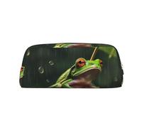 ULKMFFCF Frog and Rain Printed Leather Pencil Case for Students Girls Boys - Cute Silver Zip Pen Pencil Pouch Office School Adult Stationary Organiser Makeup Bag
