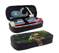 ULKMFFCF Frog and Rain Printed Pencil Bag Pen Case for Boys Girls - PU Leather Cute Stationery Pouch Holder for School Office Travel Makeup