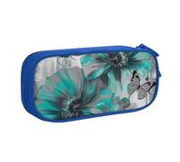 ULKMFFCF Gray Teal Flower Butterfly Printed Pencil Case Pen Bag,Blue - Large Capacity Students Stationery Pouch Pencil Box with Zipper for School Office Travel and Makeup