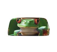 ULKMFFCF Green Cute Frog Printed Leather Pencil Case for Students Girls Boys - Cute Gold Zip Pen Pencil Pouch Office School Adult Stationary Organiser Makeup Bag