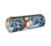 ULKMFFCF Hardworking Snowman Printed Round Pencil Case - Cute Leather Zip Pouch for School, Office, Travel and Makeup