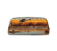 ULKMFFCF Hunting Flying Wild Duck 5 Printed Leather Pencil Case for Students Girls Boys - Cute Gold Zip Pen Pencil Pouch Office School Adult Stationary Organiser Makeup Bag