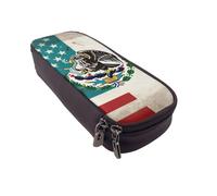 ULKMFFCF Mexican American Flag Printed Pencil Case Pen Bag - PU Leather Students Stationery Pouch Pencil Box with Zipper for School Office Travel and Makeup