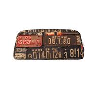 ULKMFFCF Old License Plate Printed Leather Pencil Case for Students Girls Boys - Cute Silver Zip Pen Pencil Pouch Office School Adult Stationary Organiser Makeup Bag