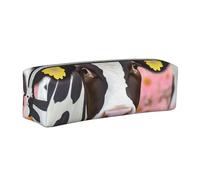 ULKMFFCF Pink Flower Show Steer Cows Cattle Printed Leather Pencil Case - Cute Zip Pouch for School, Office, Travel and Makeup