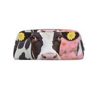 ULKMFFCF Pink Flower Show Steer Cows Cattle Printed Leather Pencil Case for Students Girls Boys - Cute Silver Zip Pen Pencil Pouch Office School Adult Stationary Organiser Makeup Bag