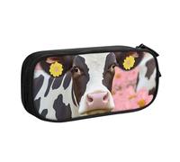 ULKMFFCF Pink Flower Show Steer Cows Cattle Printed Pencil Case Pen Bag,Black - Cute Students Stationery Pouch Pencil Box with Zipper for School Office Travel and Makeup