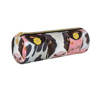 ULKMFFCF Pink Flower Show Steer Cows Cattle Printed Round Pencil Case - Cute Leather Zip Pouch for School, Office, Travel and Makeup