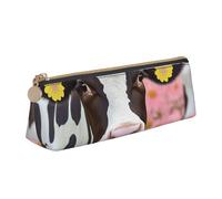 ULKMFFCF Pink Flower Show Steer Cows Cattle Printed Triangle Pencil Case - Cute Leather Zip Pouch for School, Office, Travel and Makeup