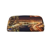 ULKMFFCF Portland at Night Printed Leather Pencil Case for Students Girls Boys - Cute Gold Zip Pen Pencil Pouch Office School Adult Stationary Organiser Makeup Bag