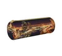 ULKMFFCF Portland at Night Printed Round Pencil Case - Cute Leather Zip Pouch for School, Office, Travel and Makeup