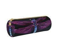 ULKMFFCF Purple Dragonfly Printed Round Pencil Case - Cute Leather Zip Pouch for School, Office, Travel and Makeup