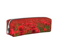 ULKMFFCF Red Flowers Field Printed Leather Pencil Case - Cute Zip Pouch for School, Office, Travel and Makeup