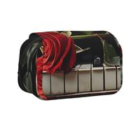 ULKMFFCF Red Rose on Piano Print Double Layer Pencil Case Flip Pen Pouch Organizer for Students, School Supplies, Travel Organizer