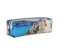 ULKMFFCF Santorini Greek Island Sea View Printed Leather Pencil Case - Cute Zip Pouch for School, Office, Travel and Makeup