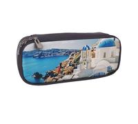 ULKMFFCF Santorini Greek Island Sea View Printed Pencil Case Pen Bag - Pu Leather Students Stationery Pouch Pencil Box with Zipper for School Office Travel and Makeup