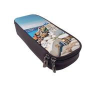 ULKMFFCF Santorini Greek Island Sea View Printed Pencil Case Pen Bag - Pu Leather Students Stationery Pouch Pencil Box with Zipper for School Office Travel and Makeup