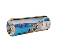 ULKMFFCF Santorini Greek Island Sea View Printed Round Pencil Case - Cute Leather Zip Pouch for School, Office, Travel and Makeup