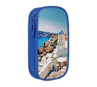 ULKMFFCF Santorini Greek Island Sea View Printed Students Pencil Case Pen Bag,Blue - Large Capacity Stationery Pouch Pencil Box with Zipper for School Office Travel and Makeup
