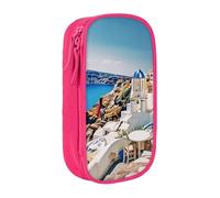 ULKMFFCF Santorini Greek Island Sea View Printed Students Pencil Case Pen Bag,Pink - Large Capacity Stationery Pouch Pencil Box with Zipper for School Office Travel and Makeup