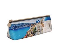 ULKMFFCF Santorini Greek Island Sea View Printed Triangle Pencil Case - Cute Leather Zip Pouch for School, Office, Travel and Makeup